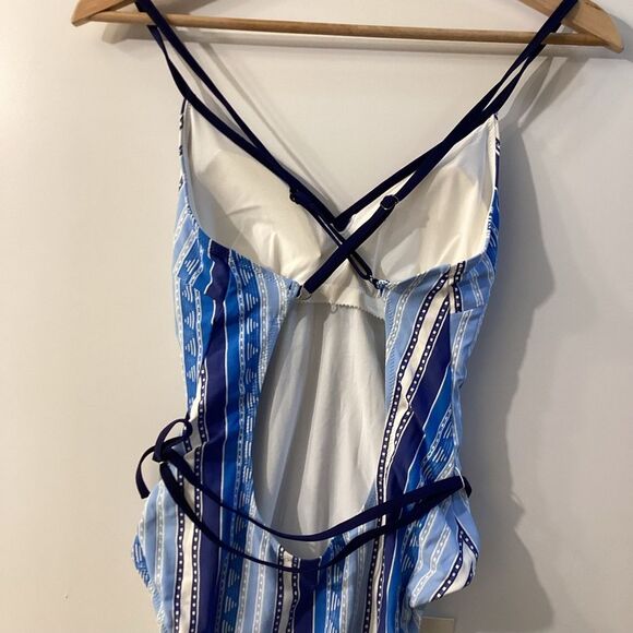 Lemlem Eshal Wrap Effect Stretch Jacquard Swimsuit Blue Striped Swimsuit - Picture 6 of 15